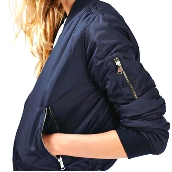 TOPSHOP Navy Blue Full-Zip Soft Faux Fur Lining Bomber Jacket Size US 12 - Picture 15 of 15